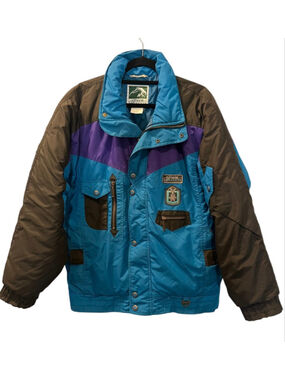 Vintage 90s Green Mountain Ski Jacket Large Blue Purple Colorblock Puffer Coat